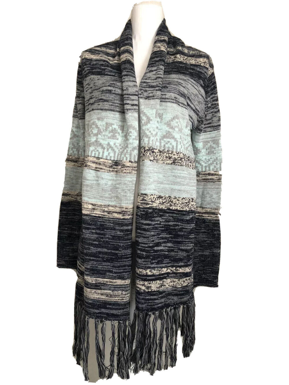 Orange Creek Small Open Sweater Cardigan Southwest Tassels Blue Gray #1159